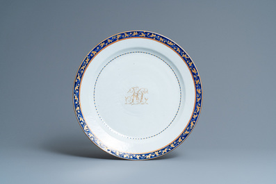 A large Chinese monogrammed export porcelain punchbowl and dish, Qianlong