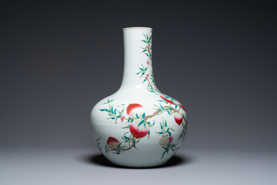 A Chinese famille rose 'tianqiu ping' 'nine peaches' vase, Qianlong mark, 19th C.