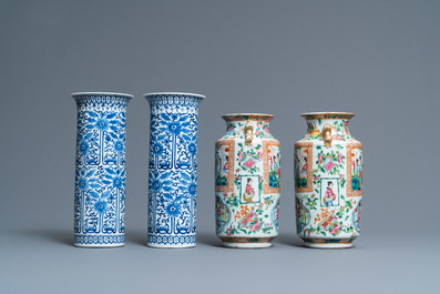 Een paar Chinese blauw-witte en een paar Canton famille rose vazen, 19e eeuw
