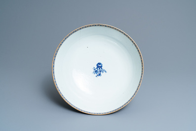 A large Chinese monogrammed export porcelain punchbowl and dish, Qianlong