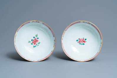 A pair of Chinese famille rose bowls on gilt bronze stand and a 'mandarin' mug, Qianlong