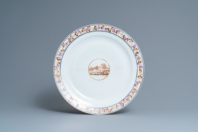 A large Chinese famille rose export porcelain punchbowl and dish, Qianlong