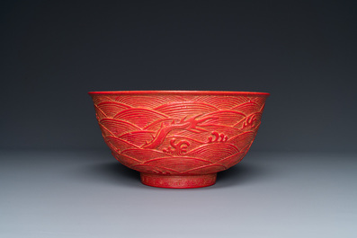 A Chinese faux-lacquerware 'dragon' bowl, Qianlong mark, Republic