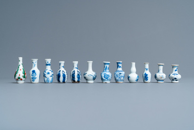 Thirty-eight Chinese blue and white, famille rose and monochrome miniature vases, Kangxi/Qianlong