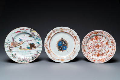 A Chinese famille rose plate, an armorial plate and an iron-red and gilt plate, Kangxi/Qianlong