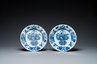 Vijf Chinese blauw-witte schotels en drie borden, Kangxi