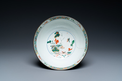 Six Chinese blue and white and famille rose dishes and a famille verte bowl, Kangxi/Qianlong