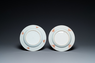 Eight Chinese famille rose plates and three famille verte cups, Kangxi/Qianlong
