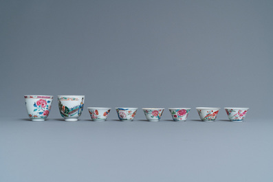 Eight Chinese famille rose and verte cups and saucers, Kangxi/Qianlong