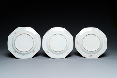 Six Chinese octagonal famille rose plates, Qianlong