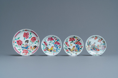 Eight Chinese famille rose and verte cups and saucers, Kangxi/Qianlong