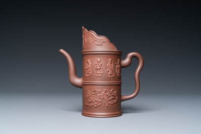 A Chinese Yixing stoneware 'Duomuhu' ewer with immortals, Kangxi