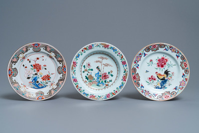 Three Chinese famille rose plates, Yongzheng/Qianlong