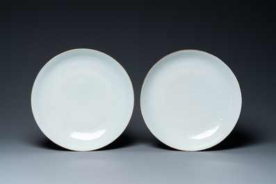 Two Chinese famille rose dishes and a pair of cold-painted monochrome white dishes, Qianlong