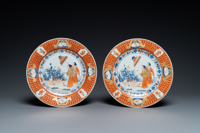 A pair of Chinese Imari-style 'Dames au Parasol' plates after Cornelis Pronk, Qianlong