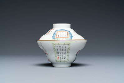 Elf Chinese famille rose 'Wu Shuang Pu' schotels en zes koppen, overwegend Daoguang merk en periode