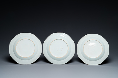Eight Chinese famille rose plates and three famille verte cups, Kangxi/Qianlong
