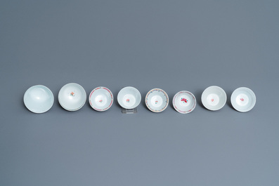 Eight Chinese famille rose and verte cups and saucers, Kangxi/Qianlong