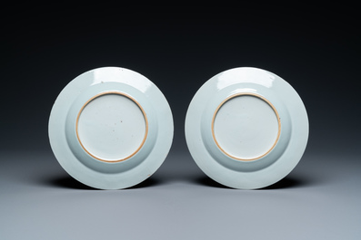 Une paire d'assiettes en porcelaine de Chine en bleu et blanc &agrave; d&eacute;cor de fleurs et insectes d'apr&egrave;s Merian, Qianlong