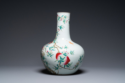 A Chinese famille rose 'tianqiu ping' 'nine peaches' vase, Qianlong mark, 19th C.