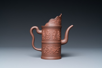 A Chinese Yixing stoneware 'Duomuhu' ewer with immortals, Kangxi