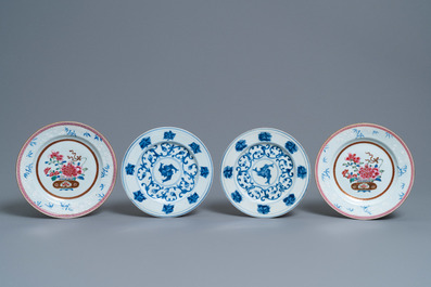 Six Chinese famille rose plates and a pair of blue and white plates, Kangxi/Qianlong