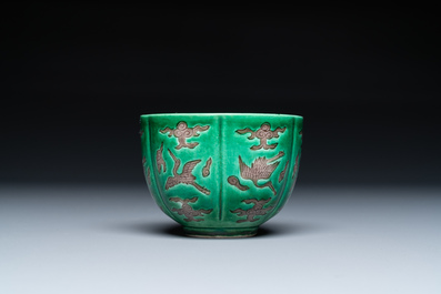 A Chinese aubergine- and green-glazed 'cranes' wine cup, 19/20th C.