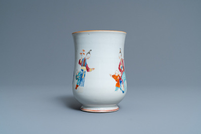 A pair of Chinese famille rose bowls on gilt bronze stand and a 'mandarin' mug, Qianlong