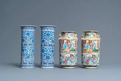 Een paar Chinese blauw-witte en een paar Canton famille rose vazen, 19e eeuw