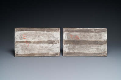 Two Chinese famille verte powder blue-ground plaques, Kangxi