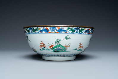 Six Chinese blue and white and famille rose dishes and a famille verte bowl, Kangxi/Qianlong
