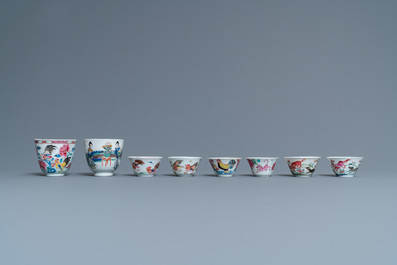 Eight Chinese famille rose and verte cups and saucers, Kangxi/Qianlong
