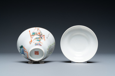 Elf Chinese famille rose 'Wu Shuang Pu' schotels en zes koppen, overwegend Daoguang merk en periode