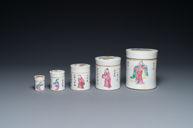 Five Chinese famille rose 'Wu Shuang Pu' stacking boxes and covers, 19th C.