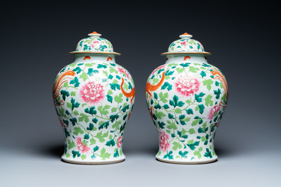 A pair of Chinese famille rose 'dragon and phoenix' vases, 19th C.