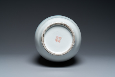 A Chinese famille rose vase with a lady on a rock, Jingdezhen zhi mark, 20th C.