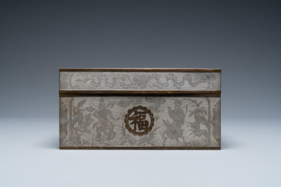 A Chinese paktong metal 'dragon' bowl and a rectangular box and cover, 19/20th C.