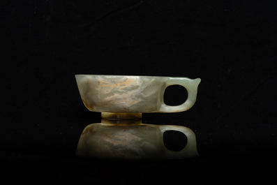 A Chinese mottled celadon jade wine cup, Qing