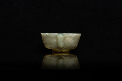 A Chinese mottled celadon jade wine cup, Qing