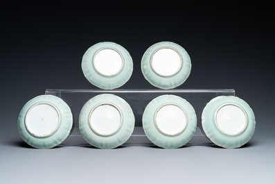 Six Chinese blue-ground cups and saucers with dragons, 19th C.