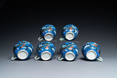 Six Chinese blue-ground cups and saucers with dragons, 19th C.