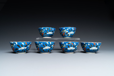 Six Chinese blue-ground cups and saucers with dragons, 19th C.