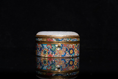 A Chinese cloisonn&eacute; box with white jade cover, 19th C.