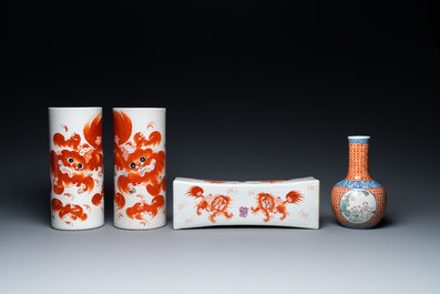 A Chinese famille rose 'playing boys' vase, a pair of hat stands and a head rest with Buddhist lions, 19/20th C.