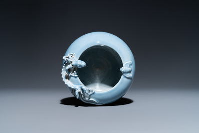 A Chinese monochrome lavender-blue brush washer with a dragon, Yongzheng mark, 19th C.