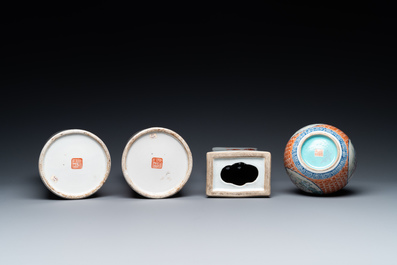 A Chinese famille rose 'playing boys' vase, a pair of hat stands and a head rest with Buddhist lions, 19/20th C.