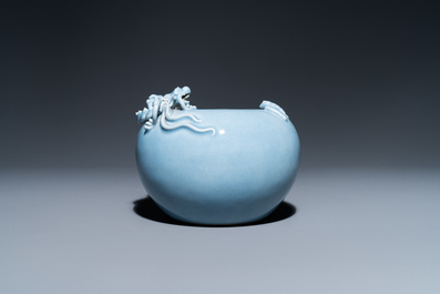 A Chinese monochrome lavender-blue brush washer with a dragon, Yongzheng mark, 19th C.