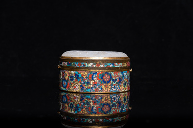 A Chinese cloisonn&eacute; box with white jade cover, 19th C.