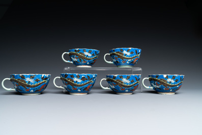 Six Chinese blue-ground cups and saucers with dragons, 19th C.