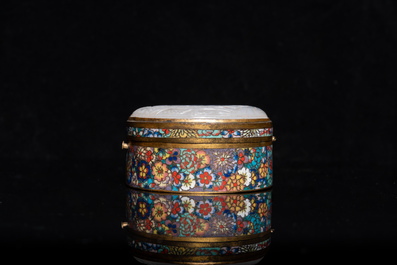 A Chinese cloisonn&eacute; box with white jade cover, 19th C.